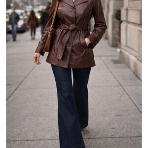 Vintage Women's Burgundy Belted Leather Trench Coat by Cosa Nova 70s, 80s